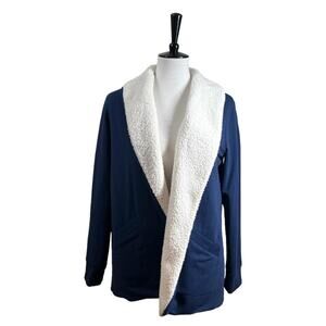 Lands’ End Women’s Jacket Fleece Lined Open Front Cardigan Blue White Size Small